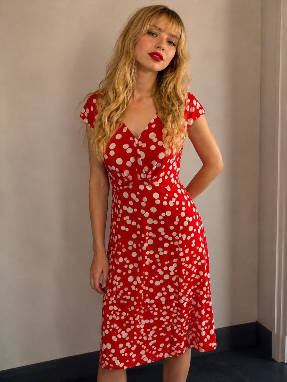 VTG Glamour Red White Polka Dot Pin Up Marilyn Monroe Midi Dress Swifties pin up